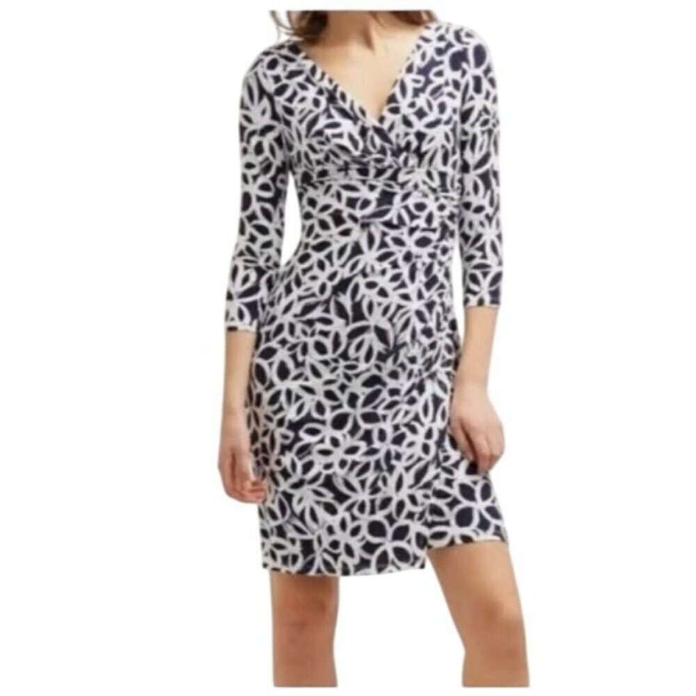 Lauren Ralph Lauren Womens ruched V neck Dress Size 2 Floral Navy White stretch